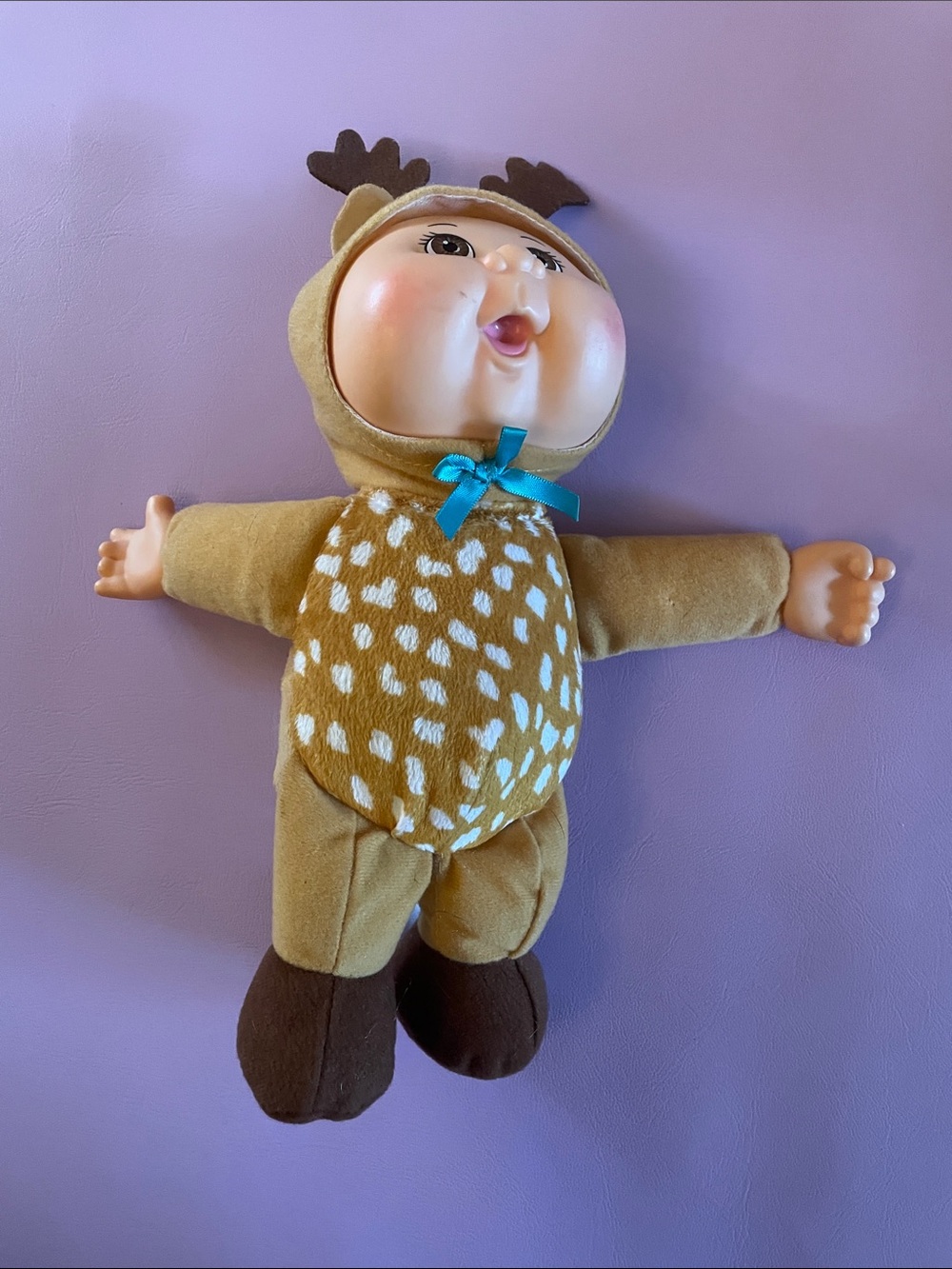 Plush Baby Doll in Brown Deer Costume with Blue Bow